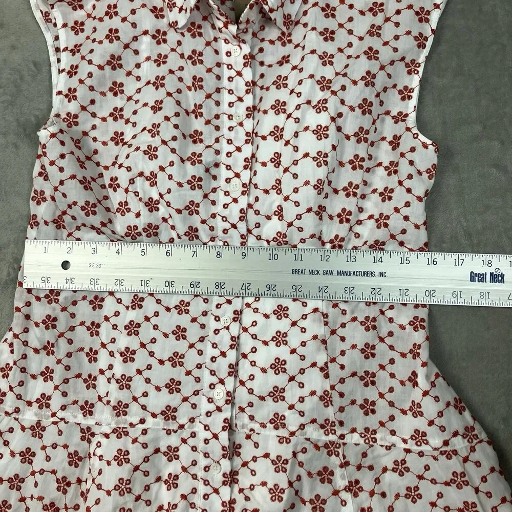J Crew Eyelet Shirt Dress Womens 10 Red Mini Sleeveless Collared Feminine